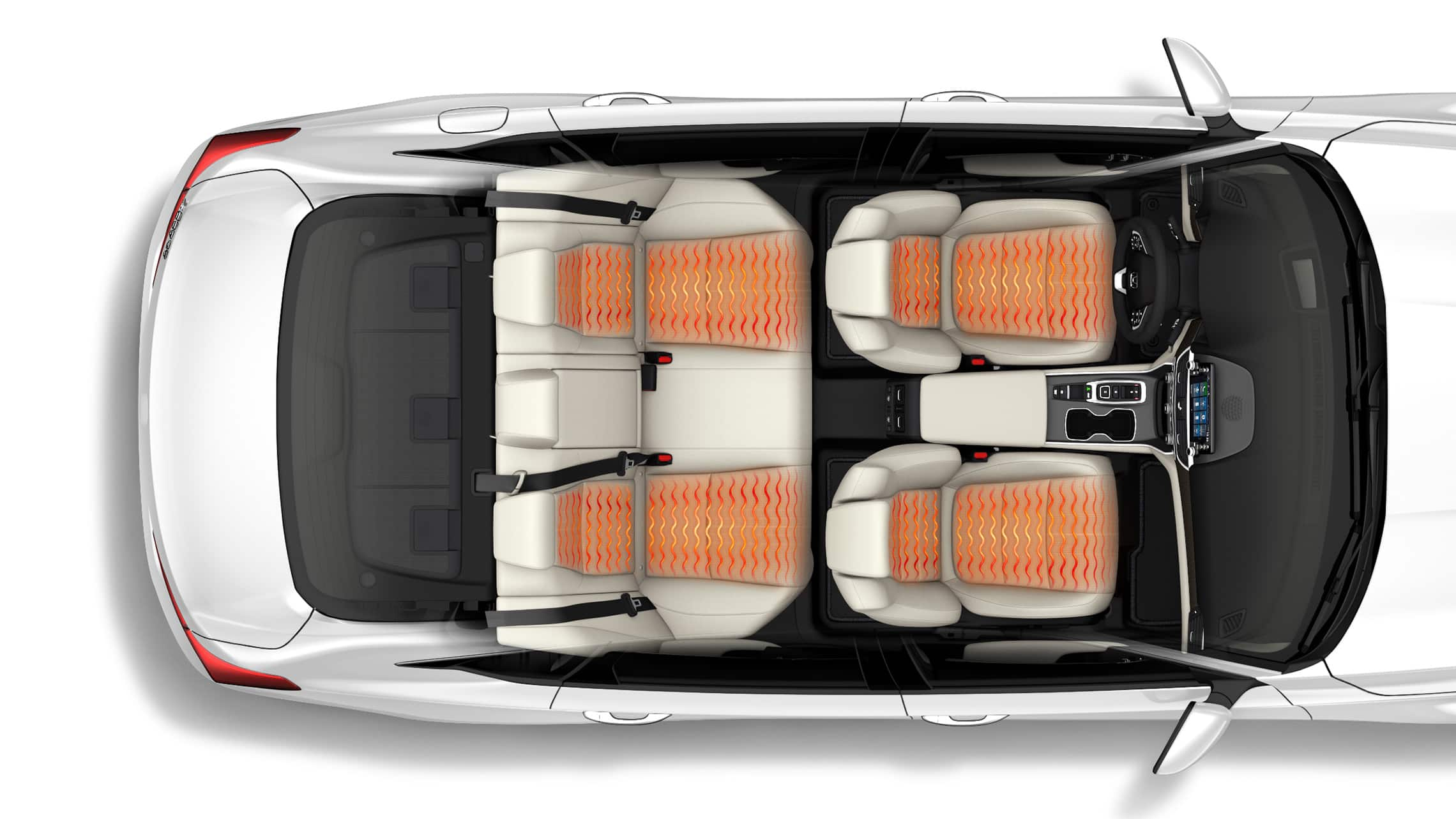 Vista interior aérea del Honda Accord Touring 2.0T 2021 con ondas de temperatura ilustradas que muestran asientos delanteros y asientos traseros laterales calefaccionados.