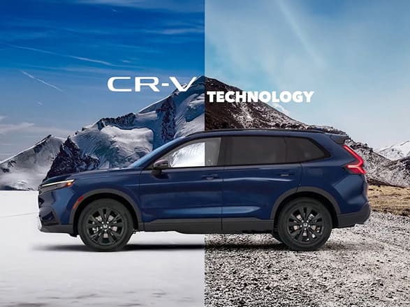 2027 Honda CR-V in Canyon River Blue Metallic profile parked in snow and mountain terrain (Compact Crossover SUV).